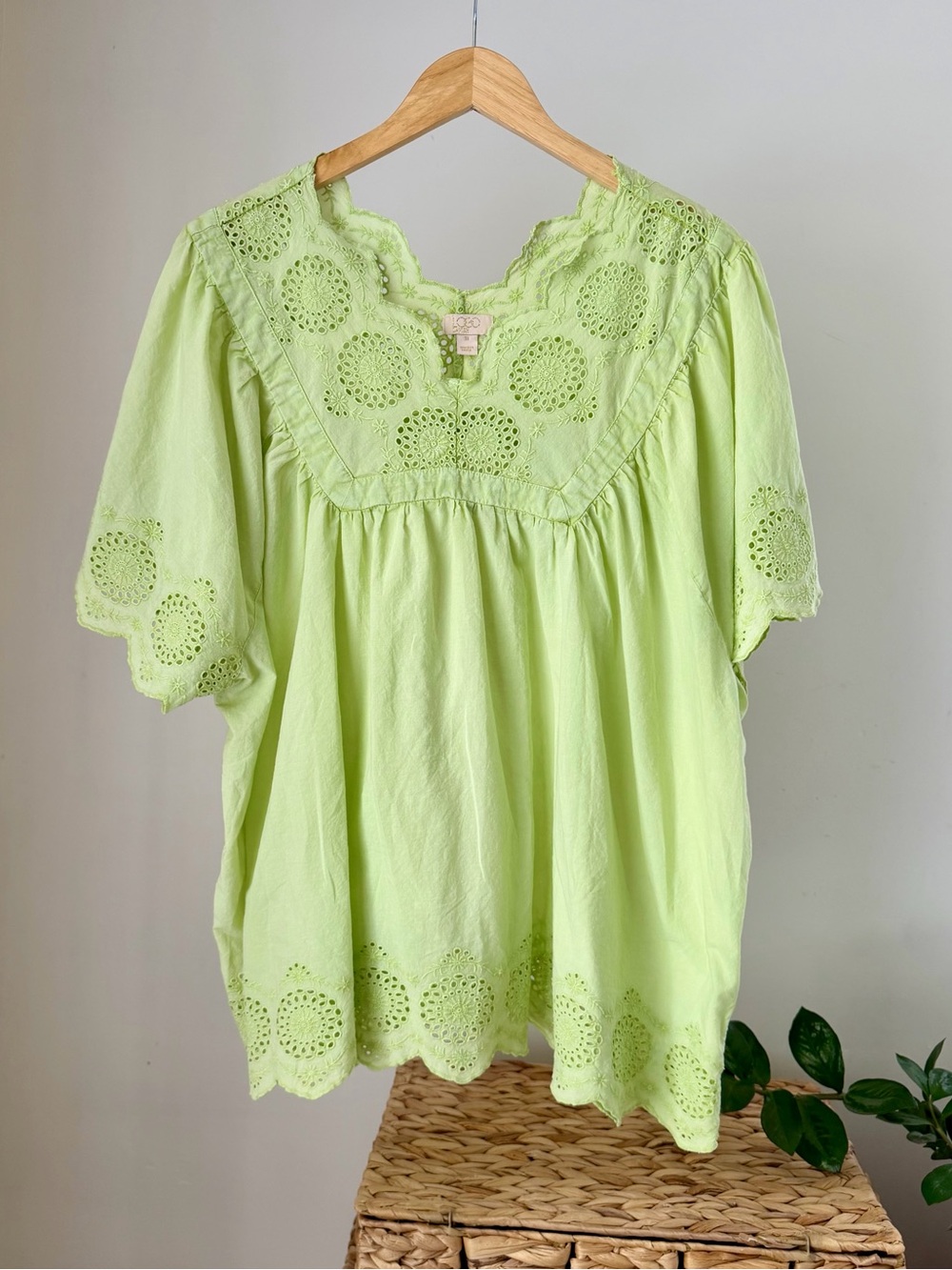 Women's LOGO Lavish Lori Goldstein Green Eyelet Peasant Top Shirt Blouse Size 3X